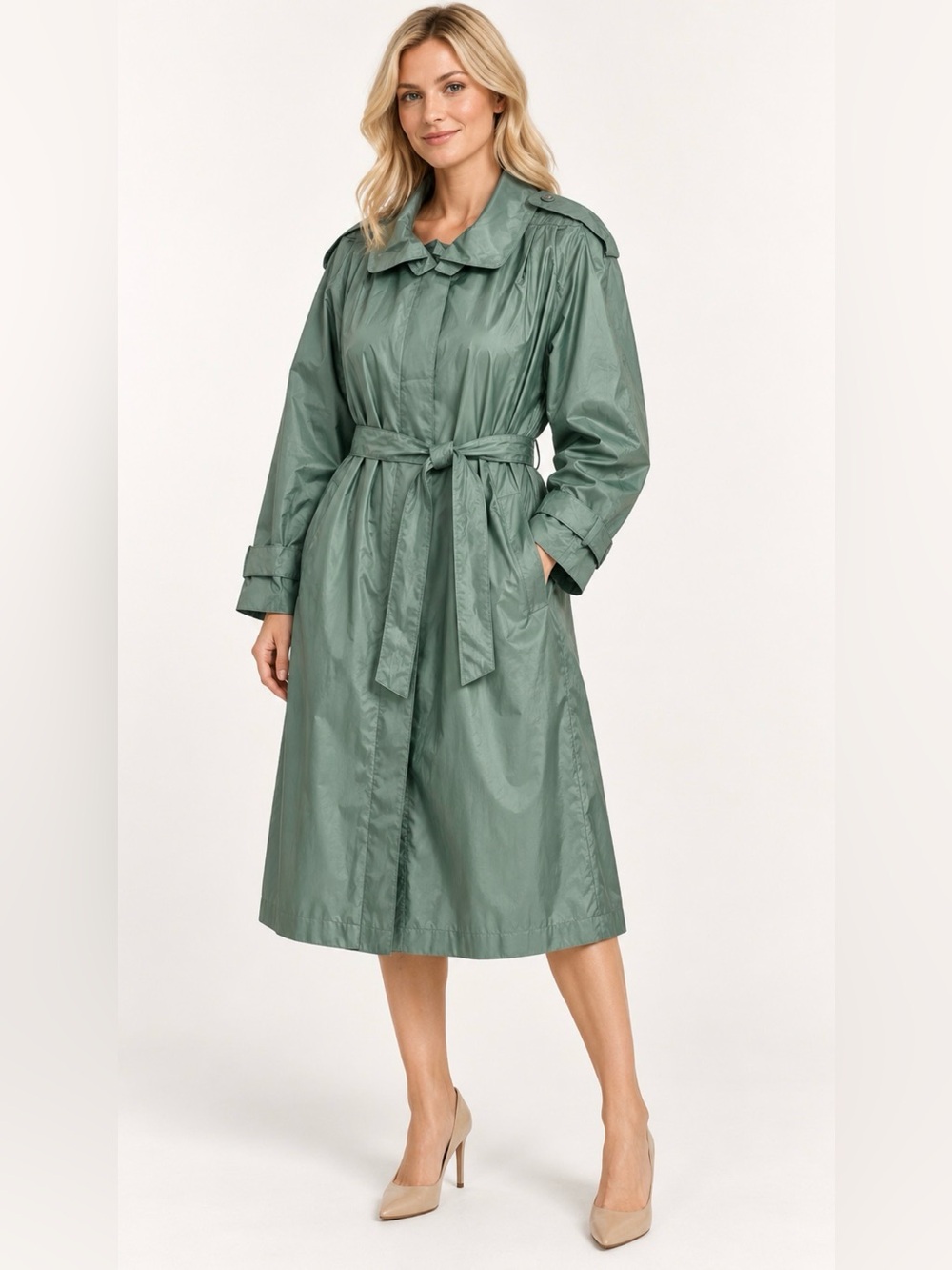 Trench Coat Vintage British Mist Women’s Size 10 Sage Green Belted Raincoat